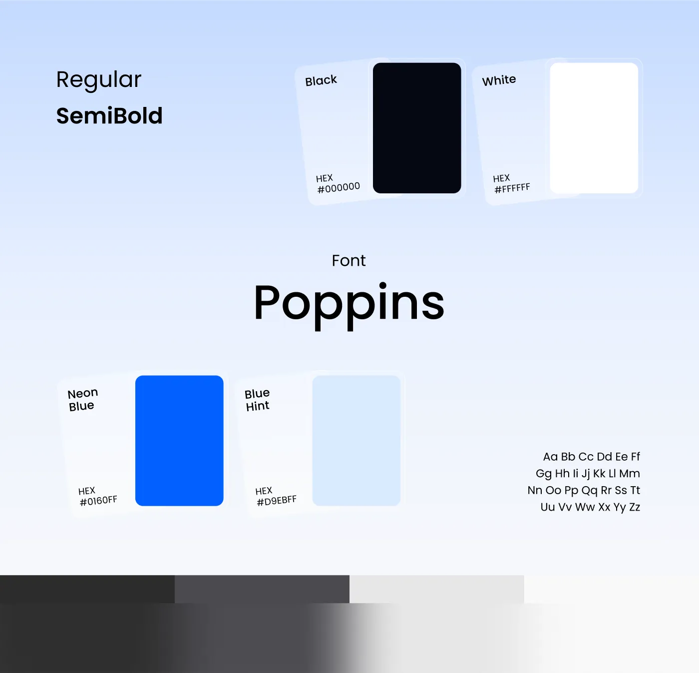 Puls CRM - plansza stylu: krój Poppins w odmianach Regular i SemiBold, próbki kolorów Black #000000, White #FFFFFF, Neon Blue #0160FF i Blue Hint #D9EBFF oraz pasek szarości.