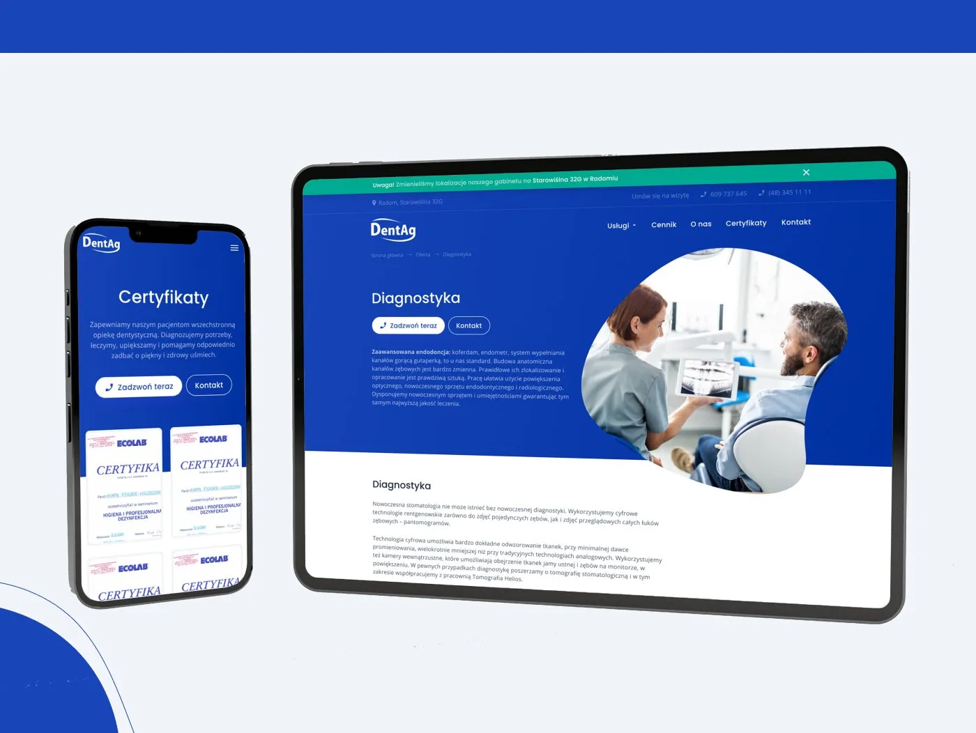 DentAg - makieta strony na telefonie i laptopie: sekcja „Certyfikaty" i „Diagnostyka" na granatowym tle ze zdjęciem zespołu.