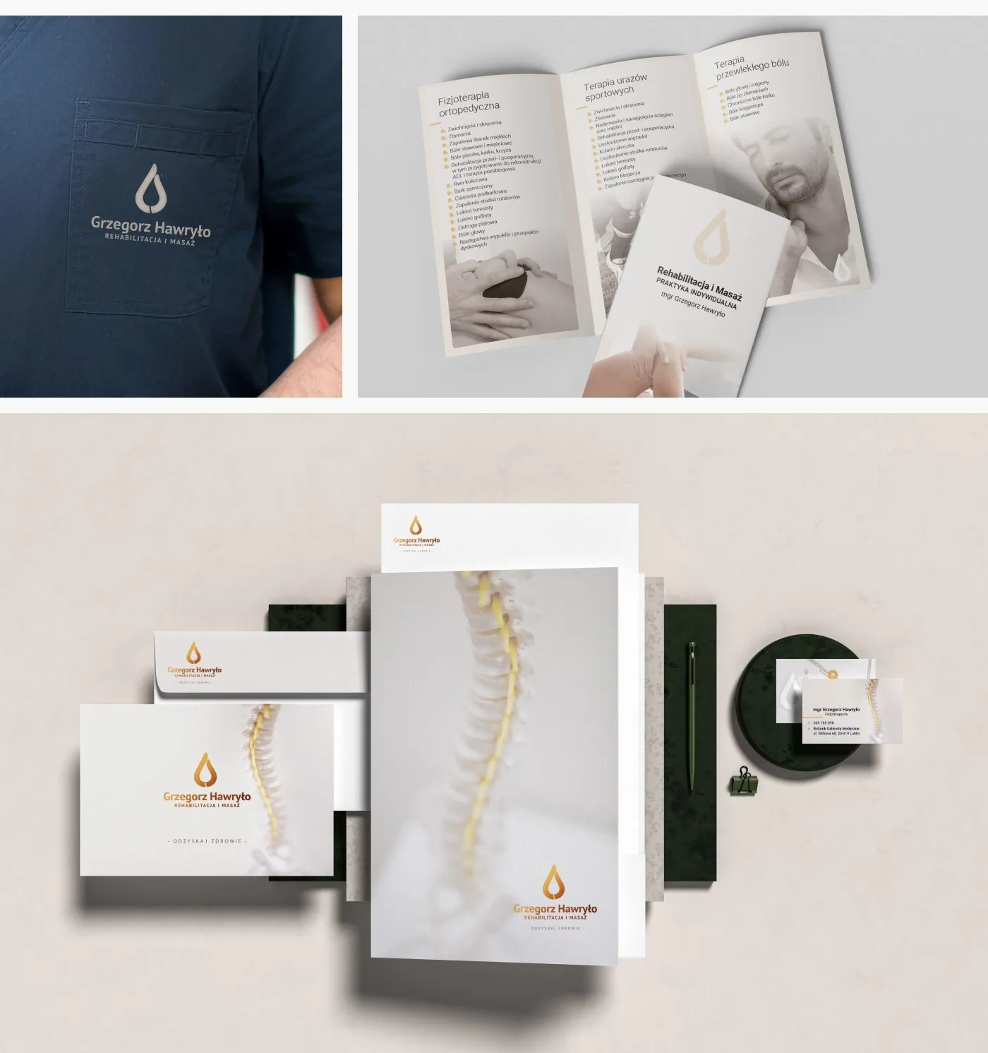 Grzegorz Hawryło - flat-lay materiałów firmowych: papier firmowy z motywem kręgosłupa, wizytówki i akcesoria na jasnym tle.