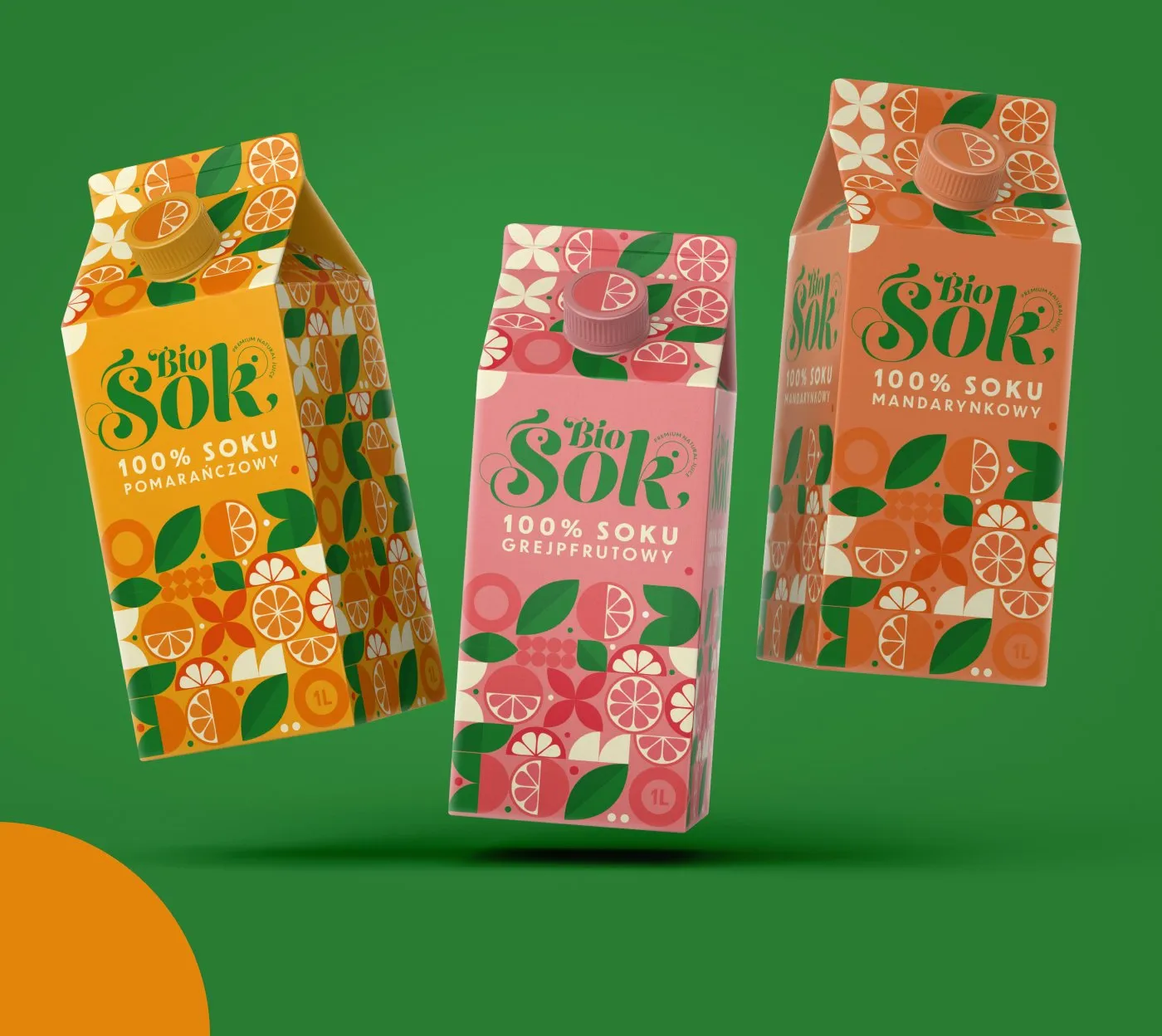 BioSok - kartony soku w wariantach smakowych na zielonym tle, z geometrycznym wzorem cytrusów i logotypem marki.