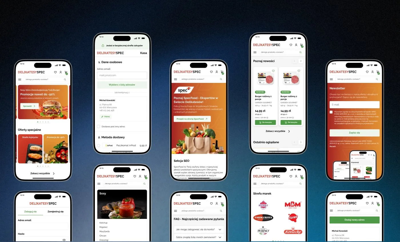 SPEC Food - makiety sklepu na kilku telefonach: strona główna, kategorie, koszyk i checkout Delikatesów SPEC, na ciemnym tle.
