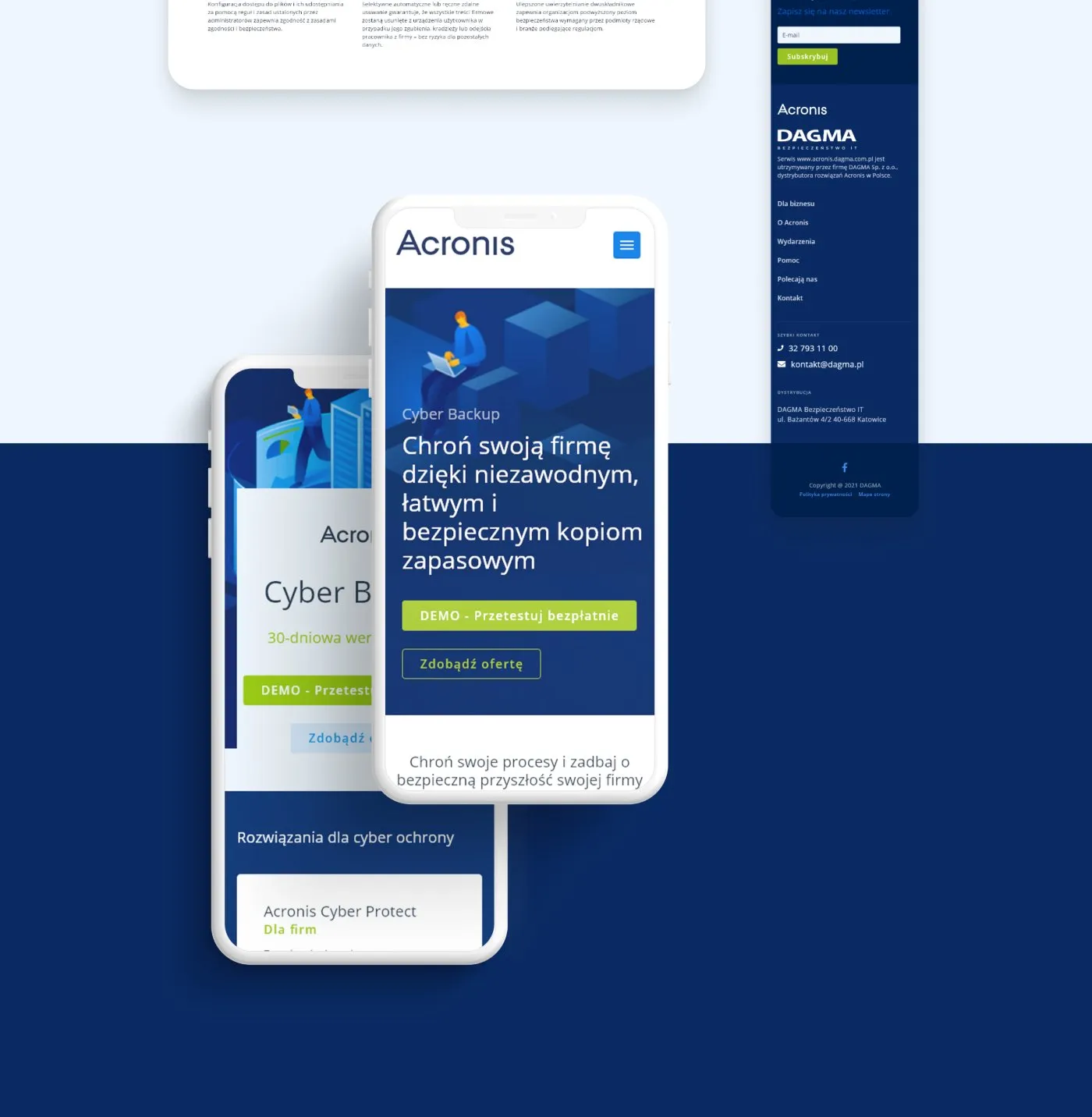 Acronis - dalsze sekcje oferty dla przedsiębiorstw oraz makieta strony na telefonie z hero „Cyber Backup" na granatowym tle.