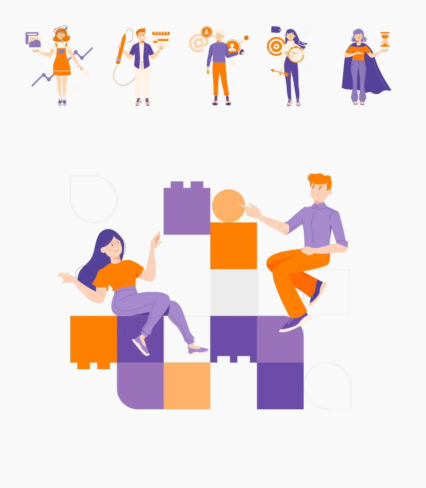 Econverse - zestaw autorskich ilustracji postaci oraz wzór z kwadratowych modułów w kolorach marki.