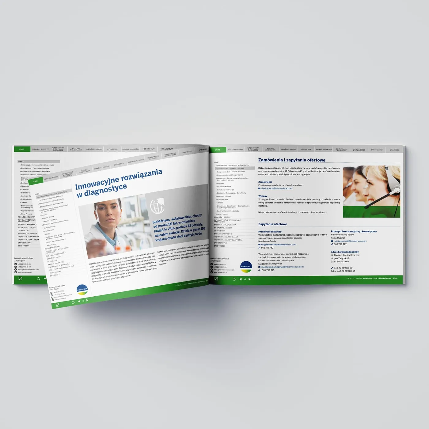 Rozłożony katalog bioMérieux - strona „Innowacyjne rozwiązania w diagnostyce" ze zdjęciem naukowca w laboratorium, obok strony „Zamówienia i zapytania ofertowe" z danymi kontaktowymi dla przemysłu spożywczego oraz farmaceutycznego.