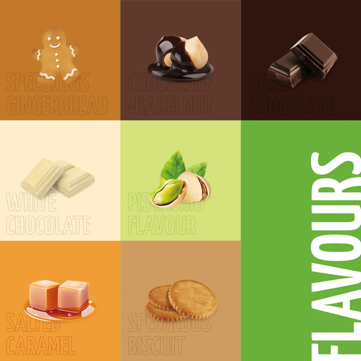 Siatka dziewięciu kafelków z ikonami smaków kremu Better Foods: pierniczek, czekolada z orzechem, ciemna czekolada, biała czekolada, pistacja, słony karmel, herbatnik, oraz napis „Flavours".