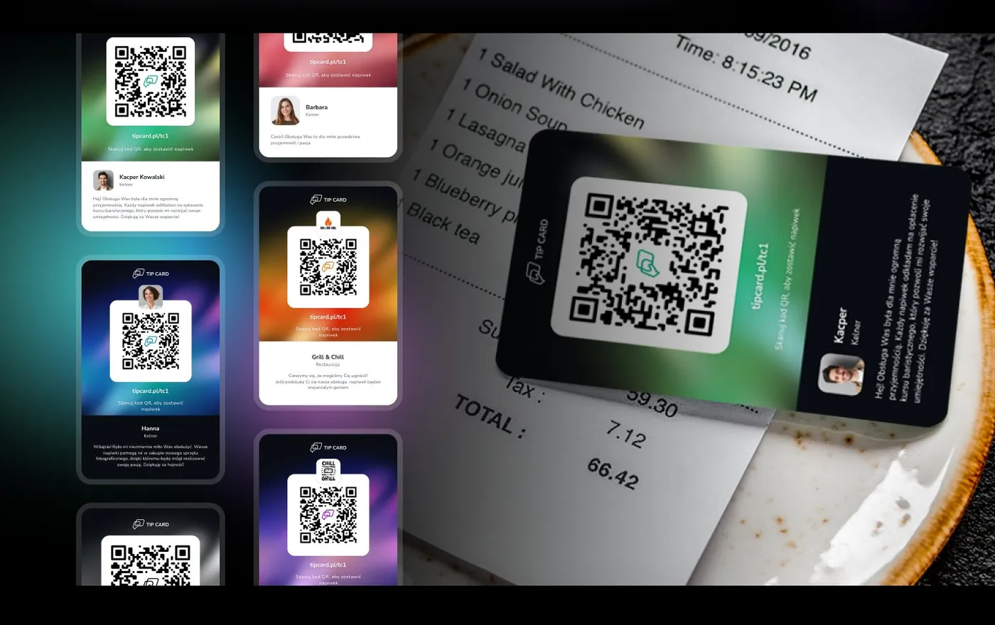Tip Card - fizyczne karty i naklejki z kodem QR oraz rachunek z restauracji z kodem QR do zostawienia napiwku.