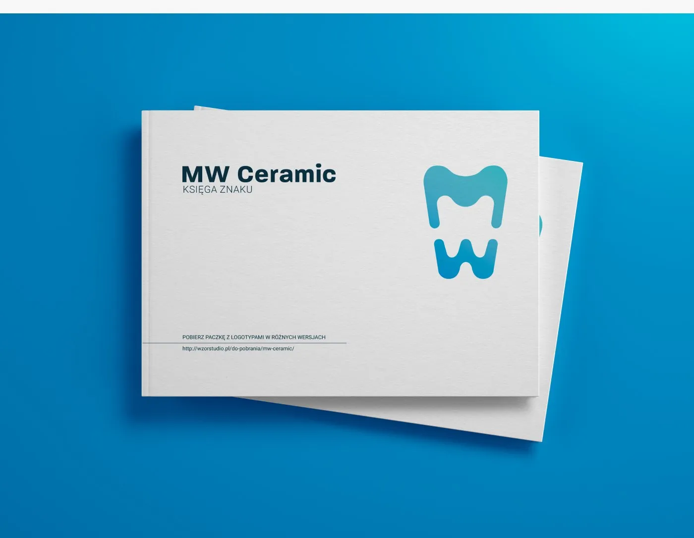 MW Ceramic - papier firmowy „MW Ceramic - Księga Znaku" z logo zęba, na niebieskim tle.