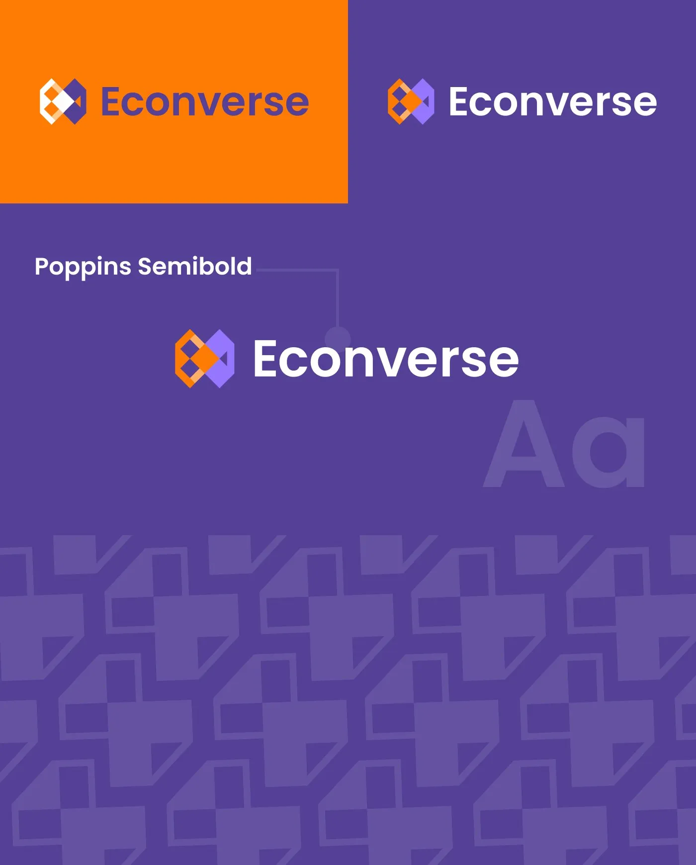 Econverse - logo na fioletowym i pomarańczowym tle, typografia Poppins Semibold (specimen „Aa") oraz wzór z kwadratowych modułów.