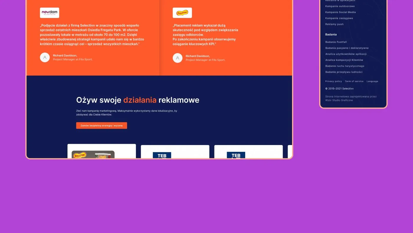 Selectivv - podstrona o bazie danych Selectivv DMP oraz sekcja „Zacznij docierać z przekazem reklamowym do określonych osób", z logotypami klientów i opiniami.