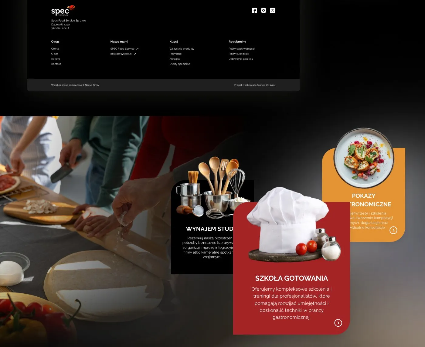 SPEC Food Service - baner „Szkoła gastronomii" ze zdjęciami z warsztatów kulinarnych, na ciemnym i pomarańczowym tle.