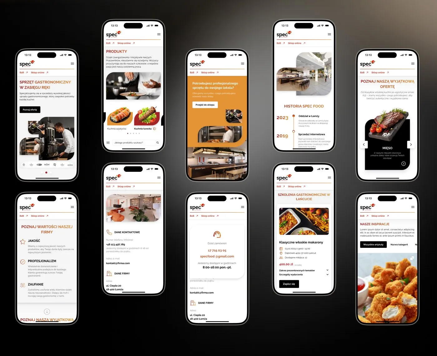 SPEC Food Service - makiety serwisu na kilku telefonach: strona główna, oferta, katalog i inspiracje, na ciemnym tle.
