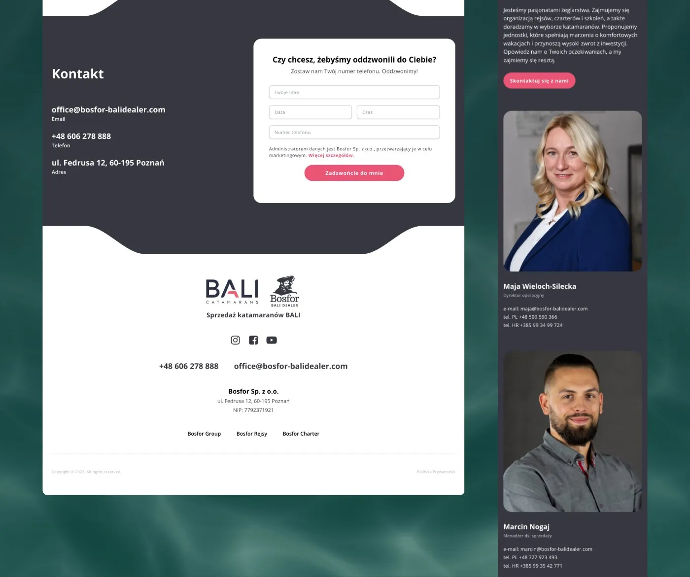 Bosfor BALI Dealer - sekcja kontaktu z formularzem i danymi oraz stopka serwisu z logo BALI i Bosfor.
