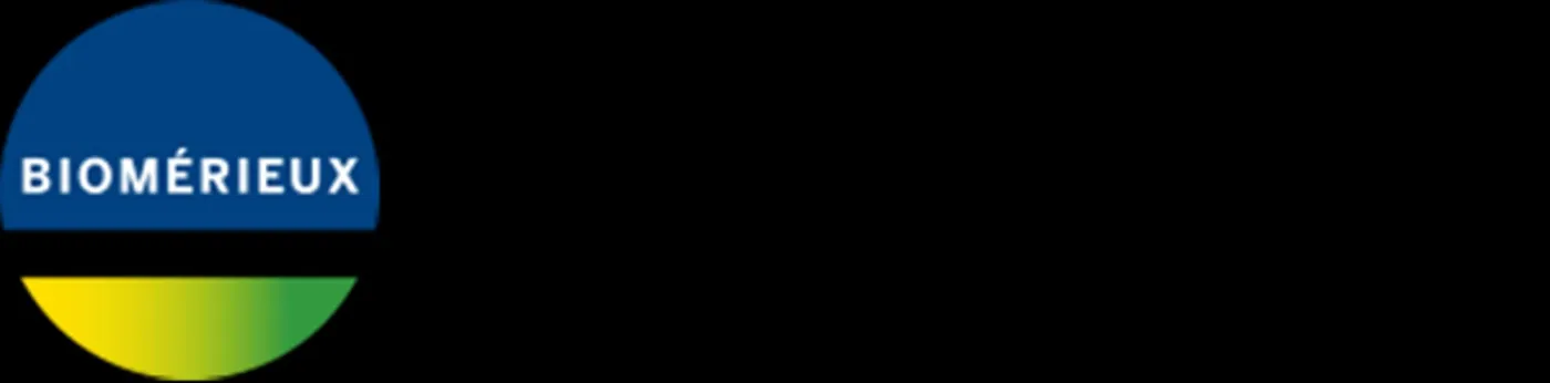 Logo bioMérieux - niebieskie koło z napisem „BIOMÉRIEUX" i żółto-zielonym gradientowym łukiem u dołu.