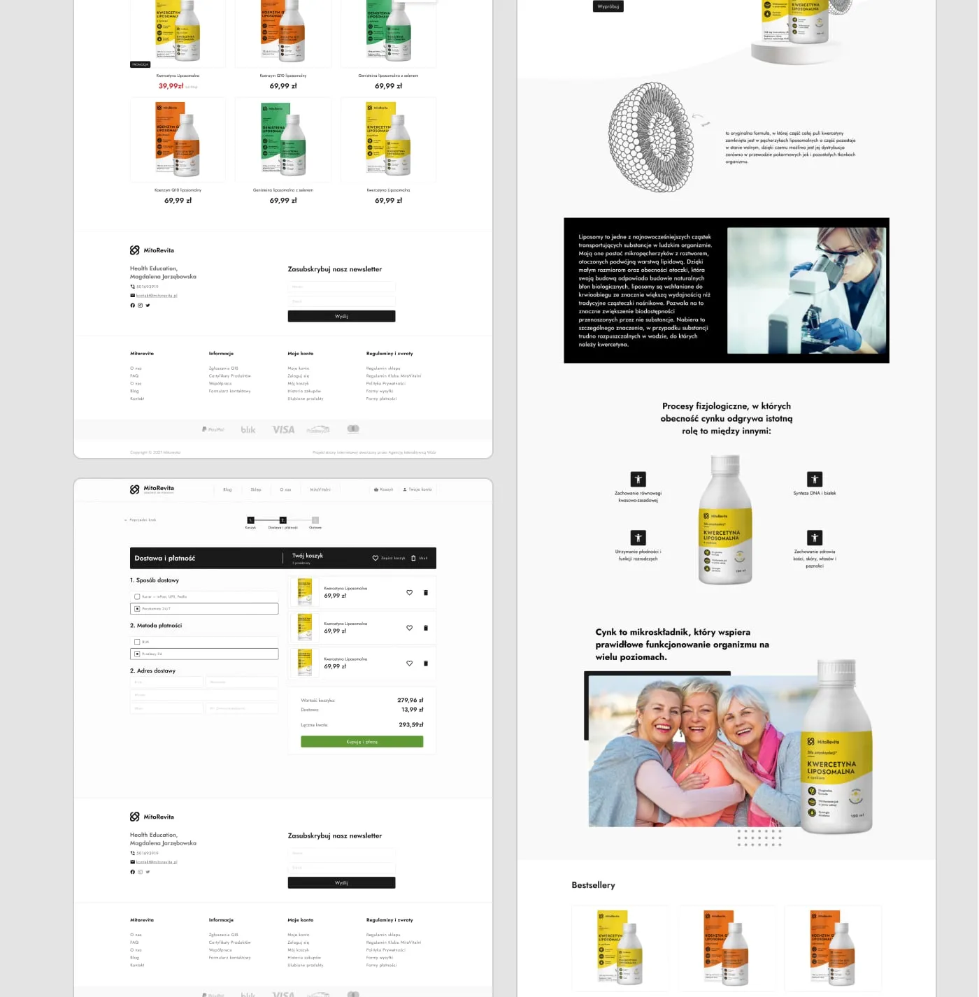 MitoRevita - widoki sklepu na desktopie: lista produktów, strona produktu i formularz zamówienia.