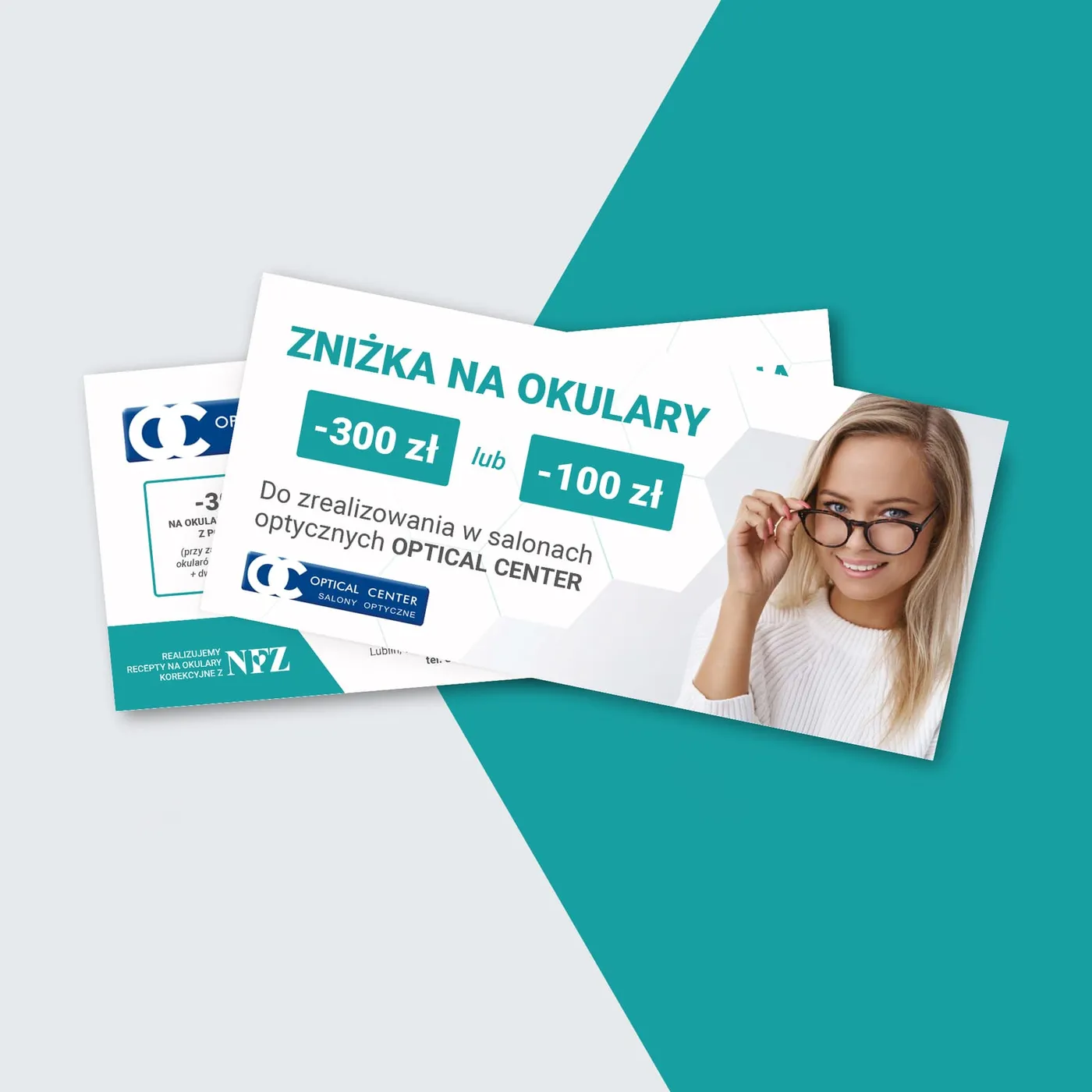 EYEMED - karty rabatowe „Zniżka na okulary” z kwotami 300 i 100 zł do zrealizowania w salonach optycznych.