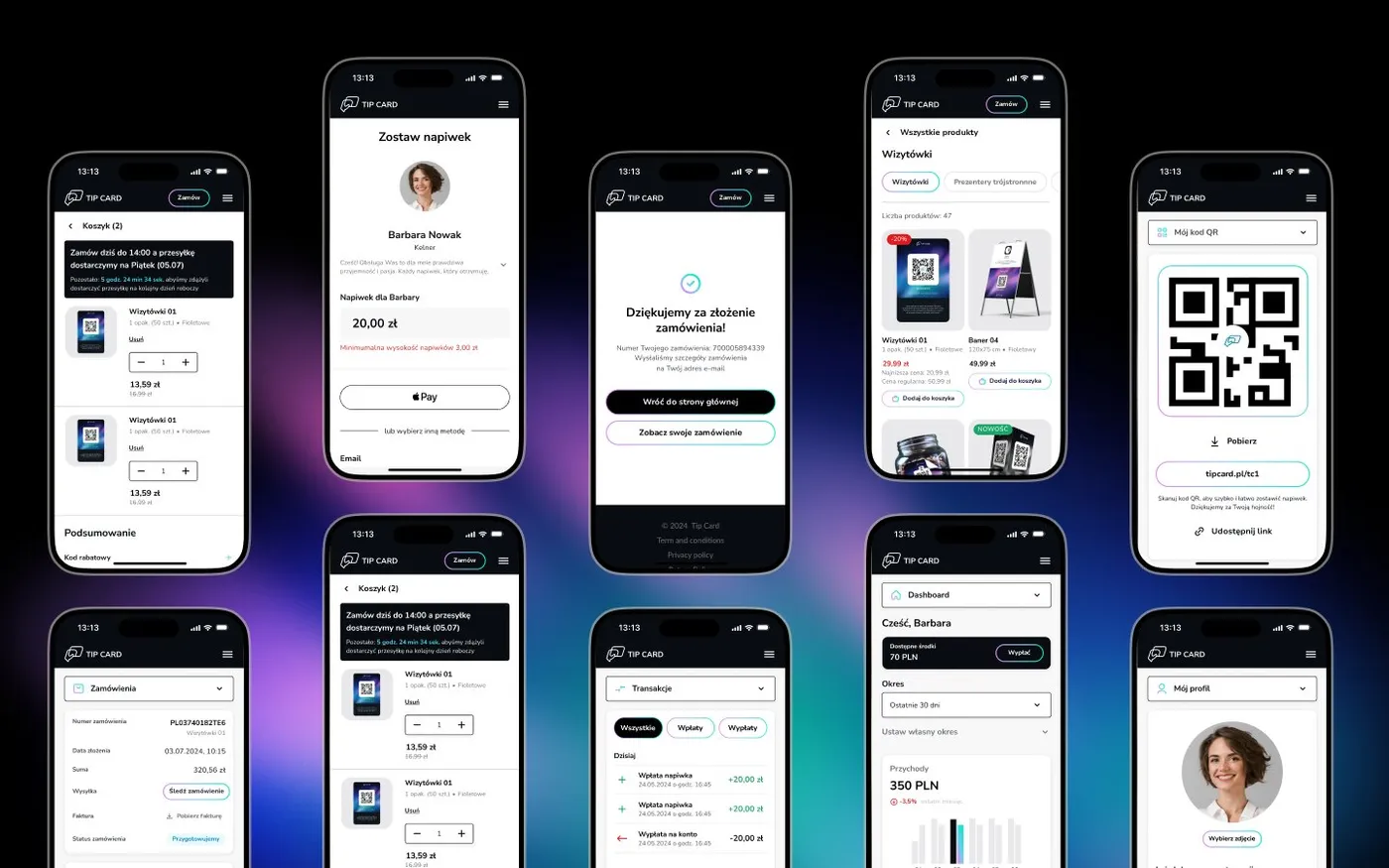 Tip Card - makiety platformy na kilku telefonach: rejestracja, panel klienta, przekazanie napiwku i karta z kodem QR, na kolorowym tle.