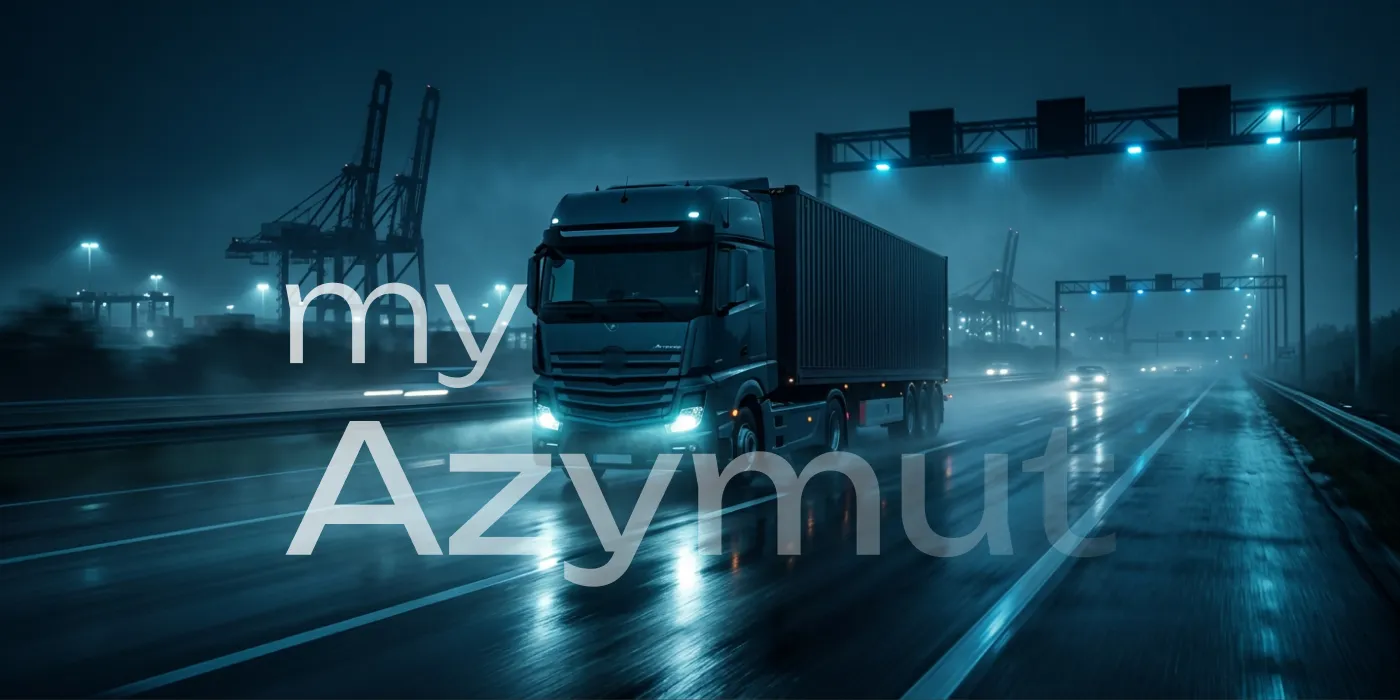 myAzymut - ciężarówka z kontenerem na mokrej autostradzie nocą, w tle suwnice portowe i bramownice, nad drogą półprzezroczysty napis myAzymut.