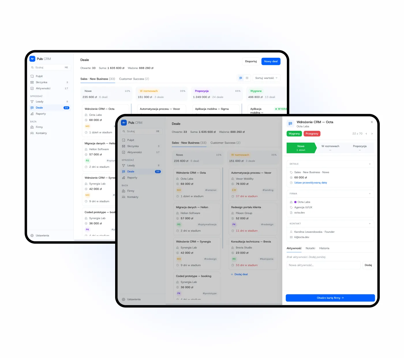 Puls CRM - dwa nachodzące na siebie ekrany „Deale": kanban lejka oraz panel szczegółów deala z przyciskami Wygrany i Przegrany, osią etapów, danymi firmy i kontaktu, zakładkami aktywności, notatek i historii.