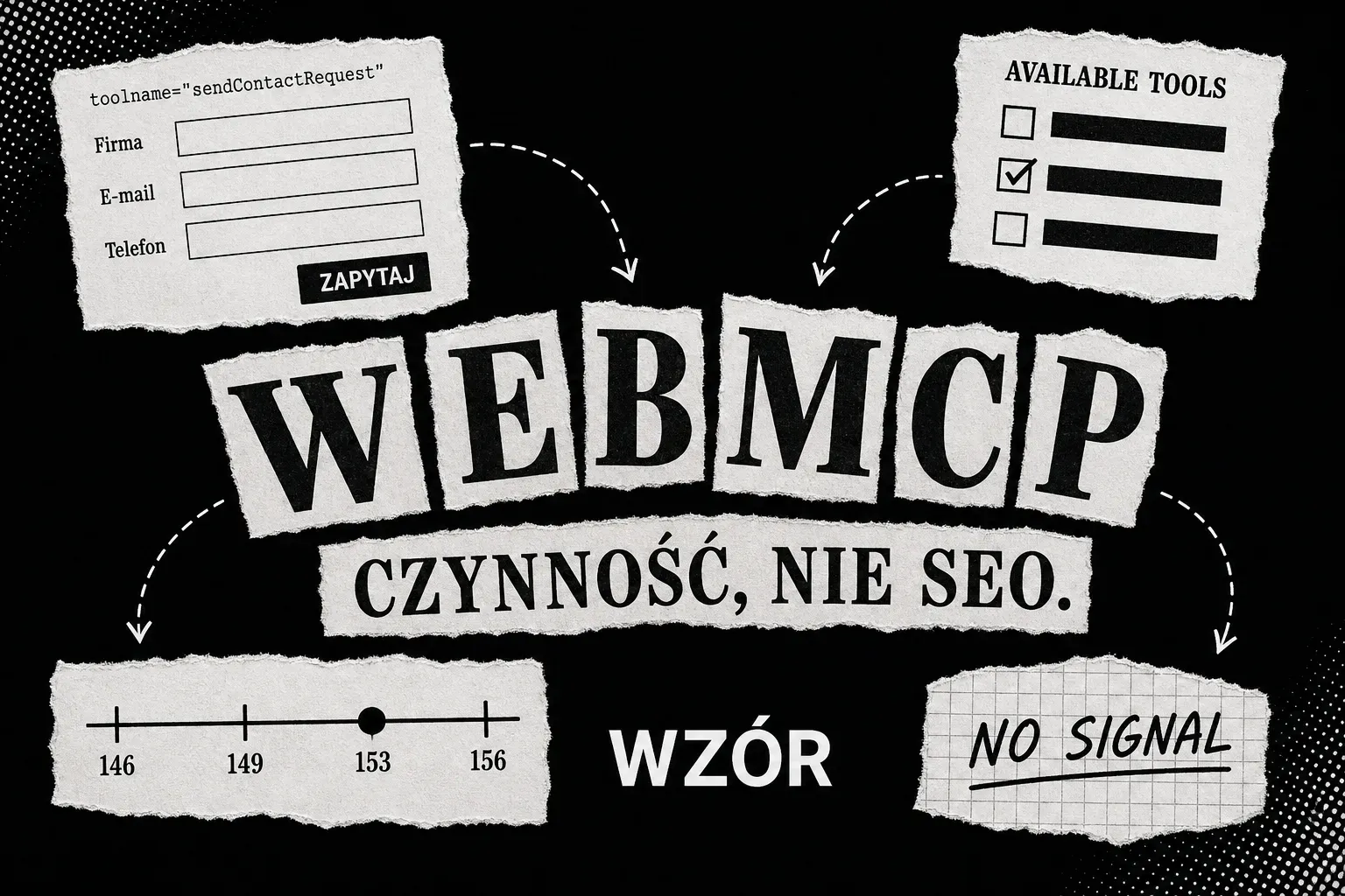 WebMCP - kolaż z wydartych kartek: formularz z nazwą narzędzia, lista narzędzi agenta, oś kamieni milowych Chrome i napis CZYNNOŚĆ, NIE SEO